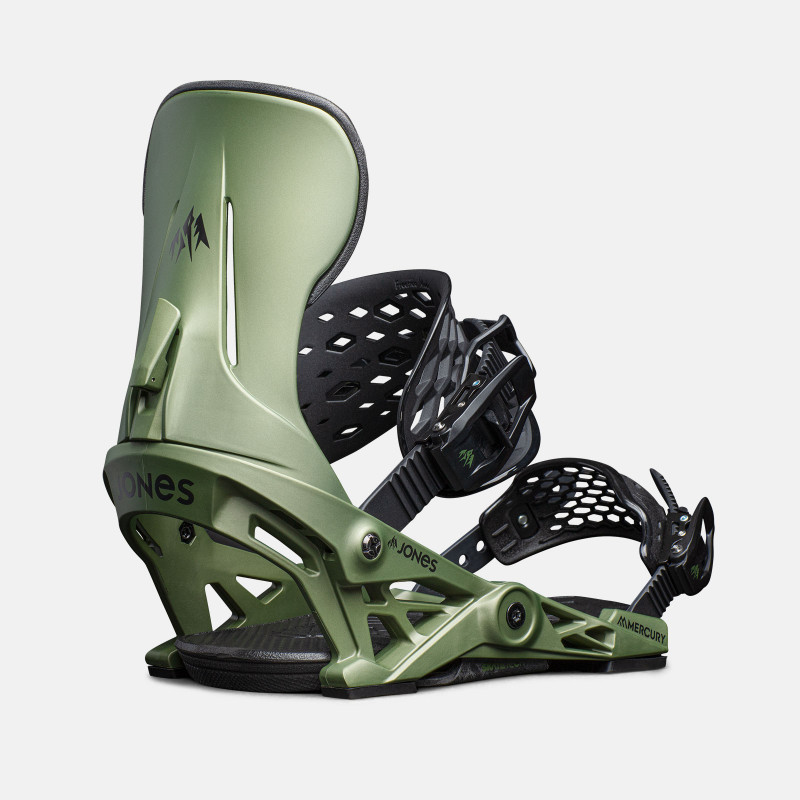 Jones Mercury Snowboard Bindings featuring SkateTech, shown in green color, quarter back view