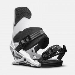 Jones Meteorite Snowboard Bindings featuring SkateTech, shown in white color, quarter front view