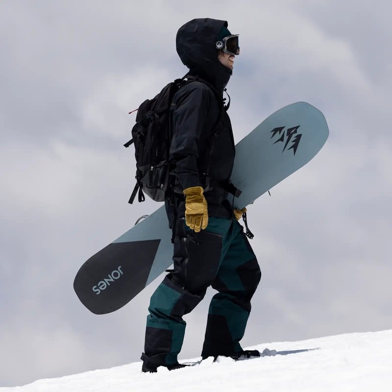 Jones rider Inaki Odriozola wears the Men's Shralpinist Gore-Tex ePE Bibs in Pacific Teal