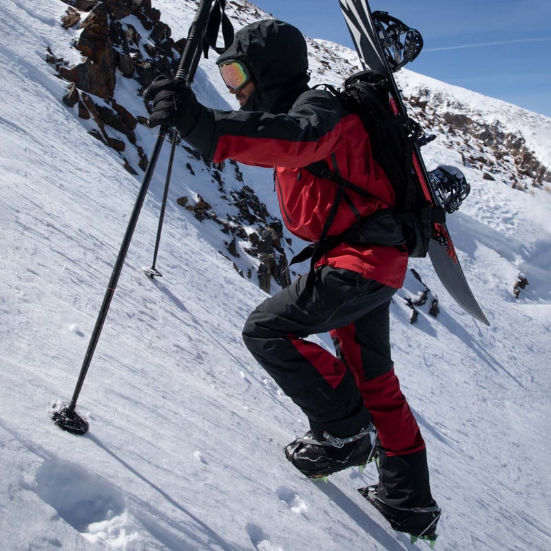 Jeremy Jones wearing the Shralpinist 3L Gore-Tex Pro pant in safety red.