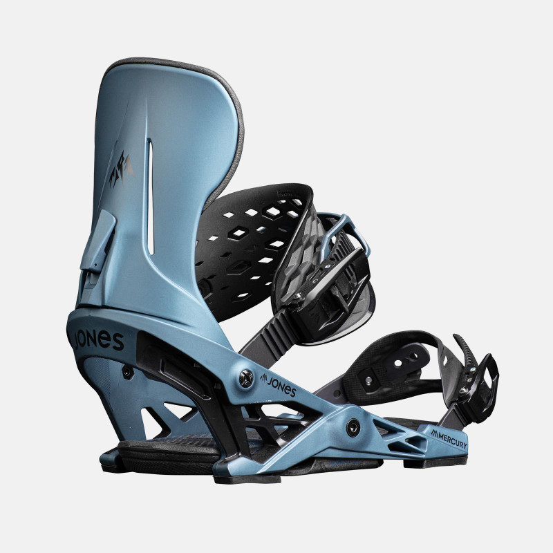 Jones Mercury Snowboard Bindings featuring SkateTech, shown in Storm Blue color, quarter back view