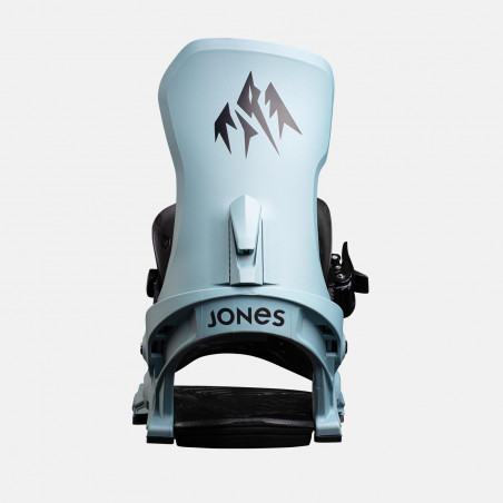 Jones Meteorite Snowboard Bindings featuring SkateTech, shown in Frosty Blue color, back view