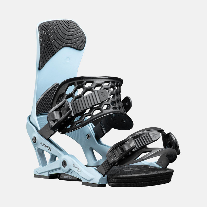 Jones Meteorite Snowboard Bindings featuring SkateTech, shown in Frosty Blue color, quarter front view