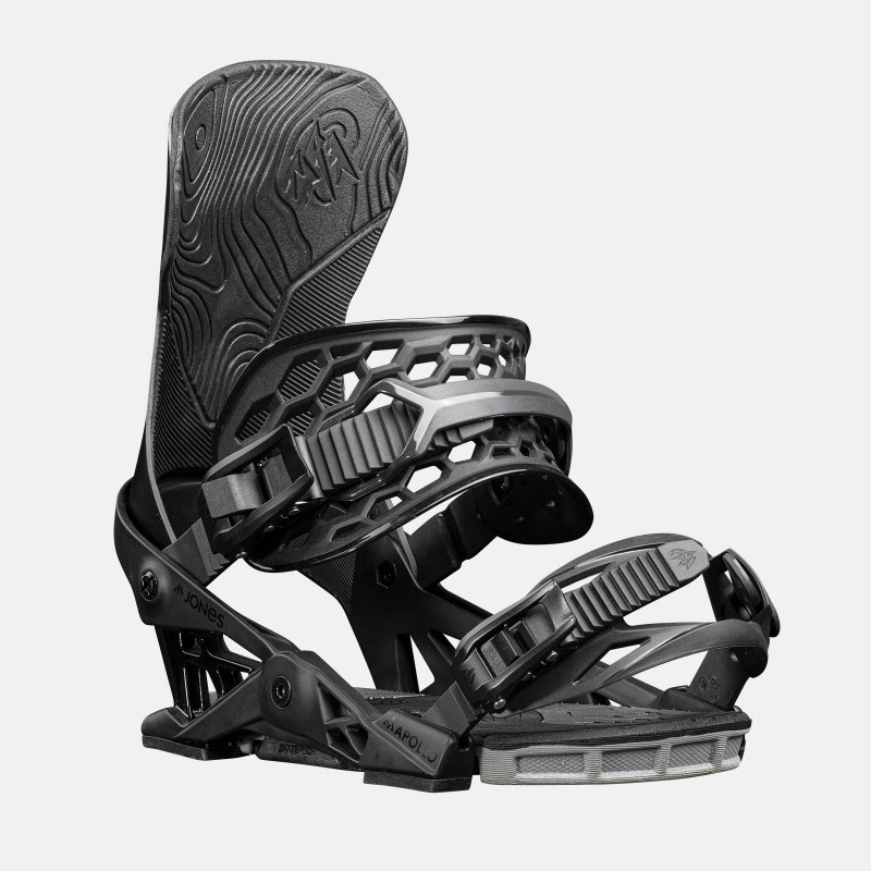 Jones Apollo Snowboard Bindings featuring SkateTech, shown in black, quarter front view
