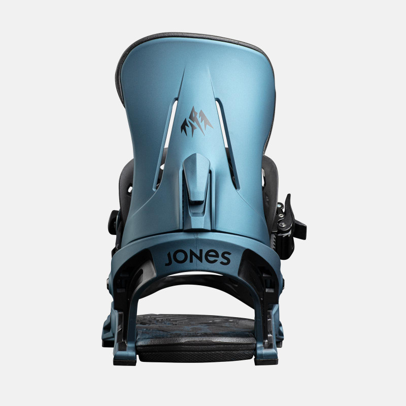 Jones Mercury Snowboard Bindings featuring SkateTech, shown in Storm Blue color, back view