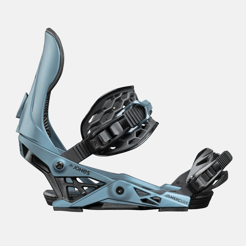 Jones Mercury Snowboard Bindings featuring SkateTech, shown in Storm Blue color, side view