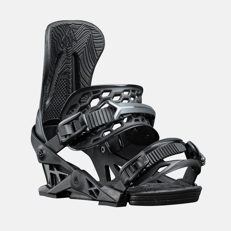 Jones Mercury Snowboard Bindings featuring SkateTech, shown in Eclipse Black color, quarter front view