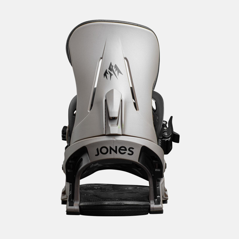 Jones Mercury Snowboard Bindings featuring SkateTech, shown in Earth Gray color, back view