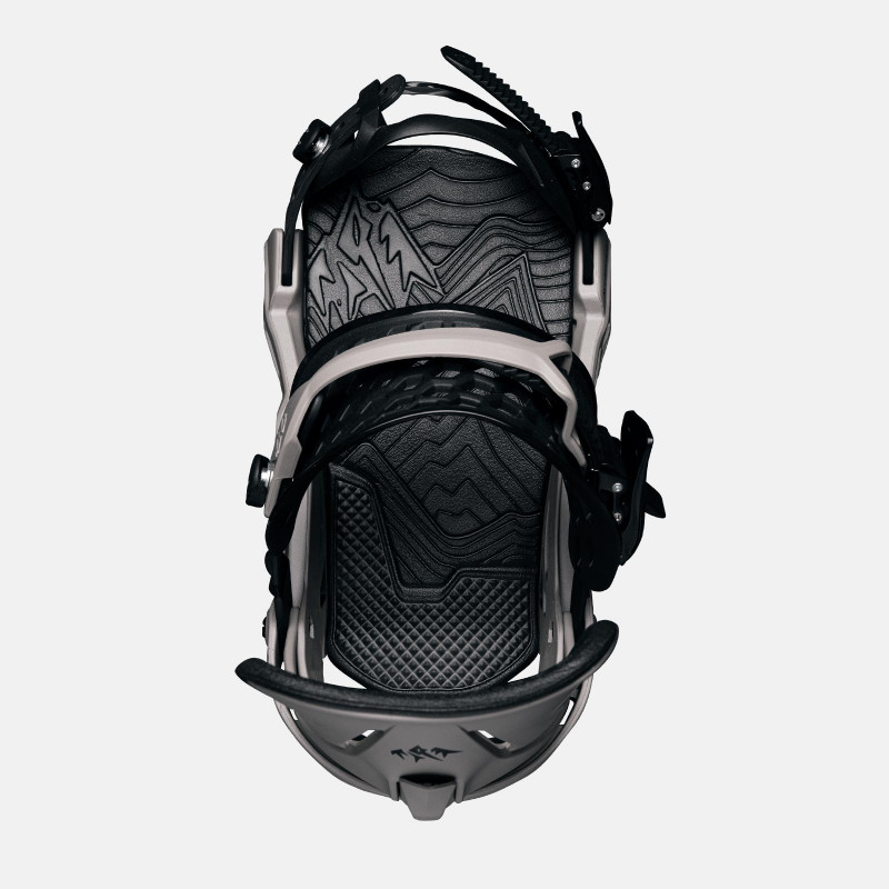 Jones Mercury Snowboard Bindings featuring SkateTech, shown in Earth Gray color, top view