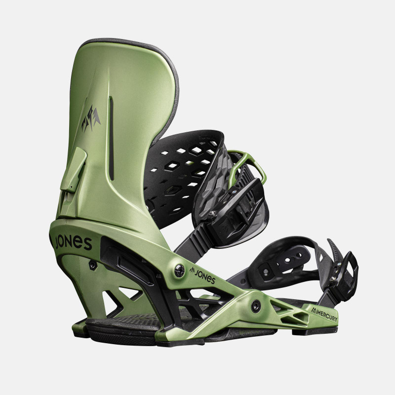 Jones Mercury Snowboard Bindings featuring SkateTech, shown in Pine Green color, quarter back view